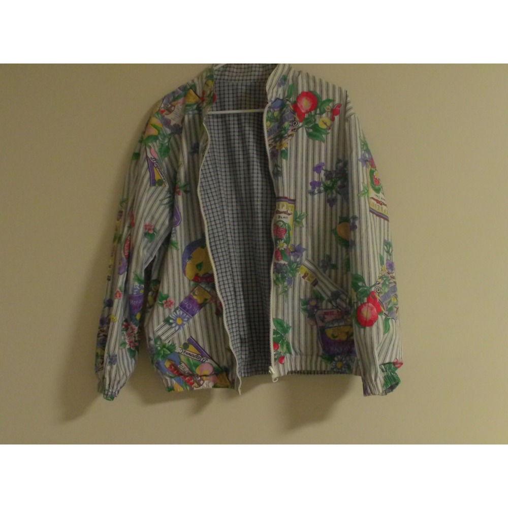 Reversible Floral Stripe & Gingham Plaid Bomber Jacket Blue White Women
